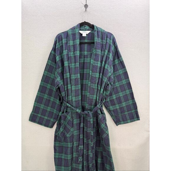 The Vermont Country Store Mens Navy Green Plaid Portuguese Flannel Wrap Robe XL - Picture 4 of 9